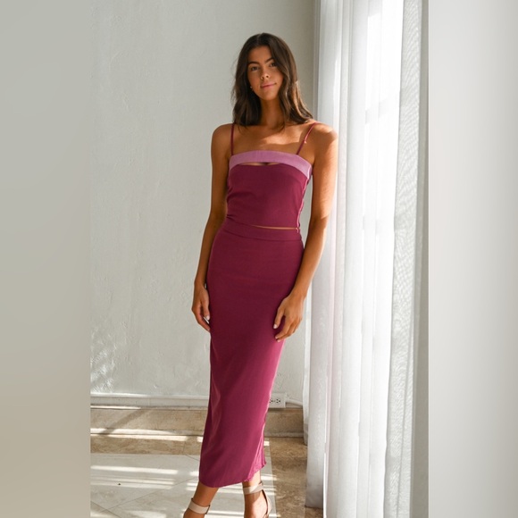 Yllw the Label Henrie Two-Piece Crop Cami & High Waist Midi Skirt in Magenta, M - Picture 1 of 10